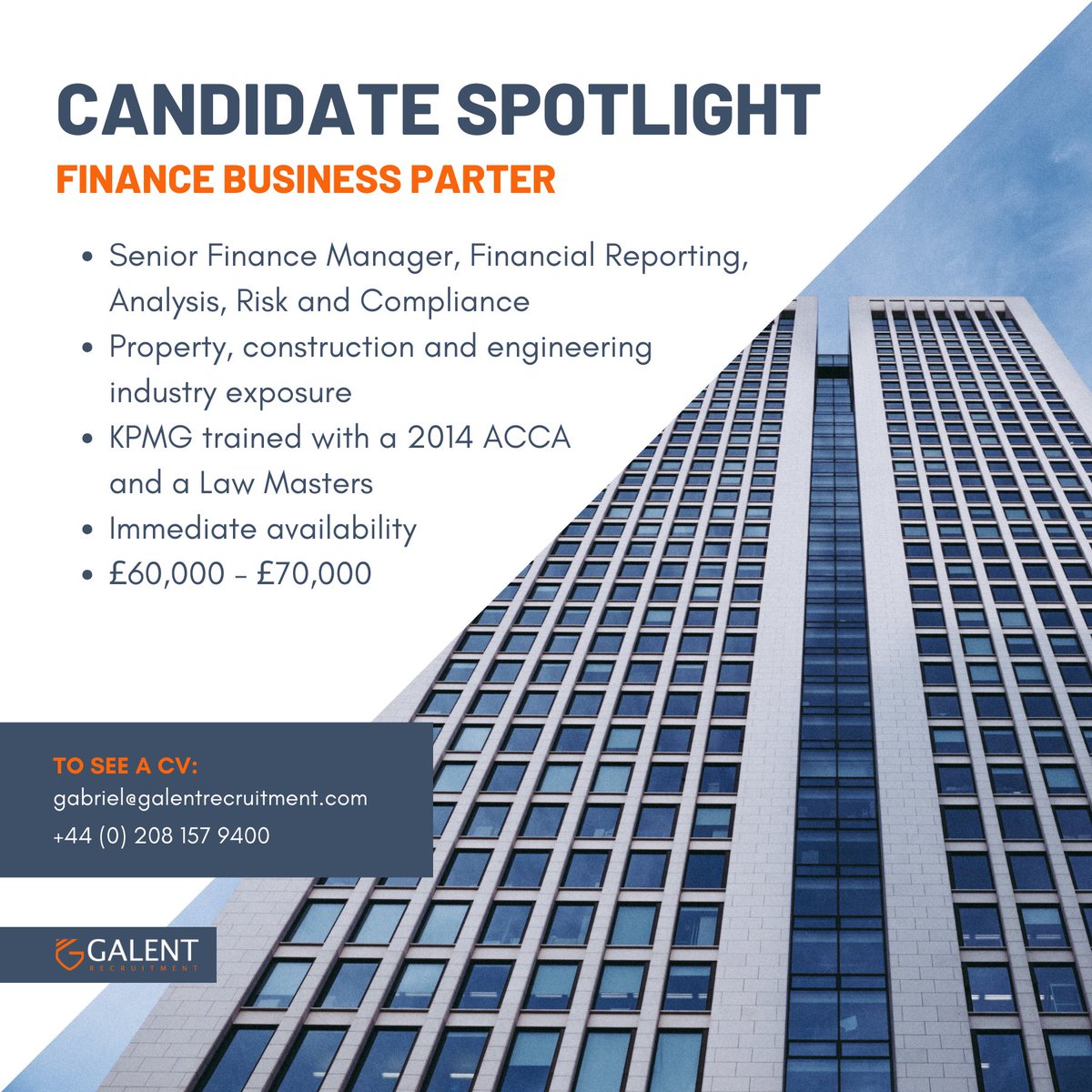 If you are in the market for a Finance Business Partner or an FP&A specialist please get in touch and request for a CV.

#galentrecruitment #candidatespotlight #financebusinesspartner #availableimmediately