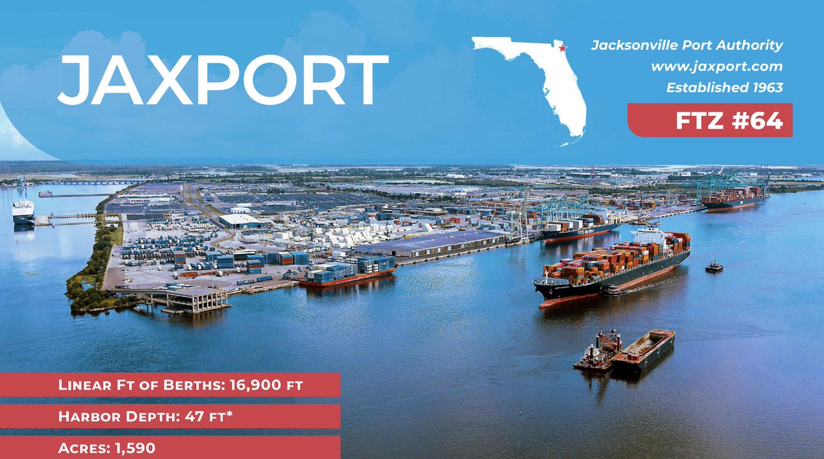 .@JAXPORT is FL's largest container port by volume, and a top vehicle-handing port. It’s one of the country's most diversified ports, handling a variety of cargo, including breakbulk, fresh/frozen, forest products, high/heavy, military, and project cargo. #SeasTheOpportunities