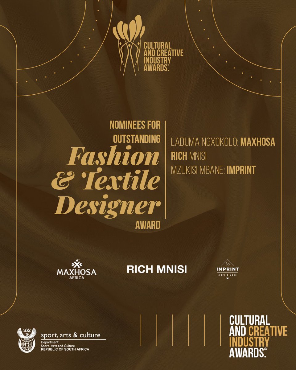 cciawards's tweet photo. Congratulations to the Creative &amp; Cultural Industry Awards nominees for outstanding Fashion &amp; Textile
Designer Award.

Laduma Ngcokolo: Maxhosa
Rich Mnisi
Mzukisi Mbane : IMPRINT

#CCIA 
#CCIAwards
#WeAreArt
#WeAreCulture 
#WeAreCreative https://t.co/v0lEbn6tRj