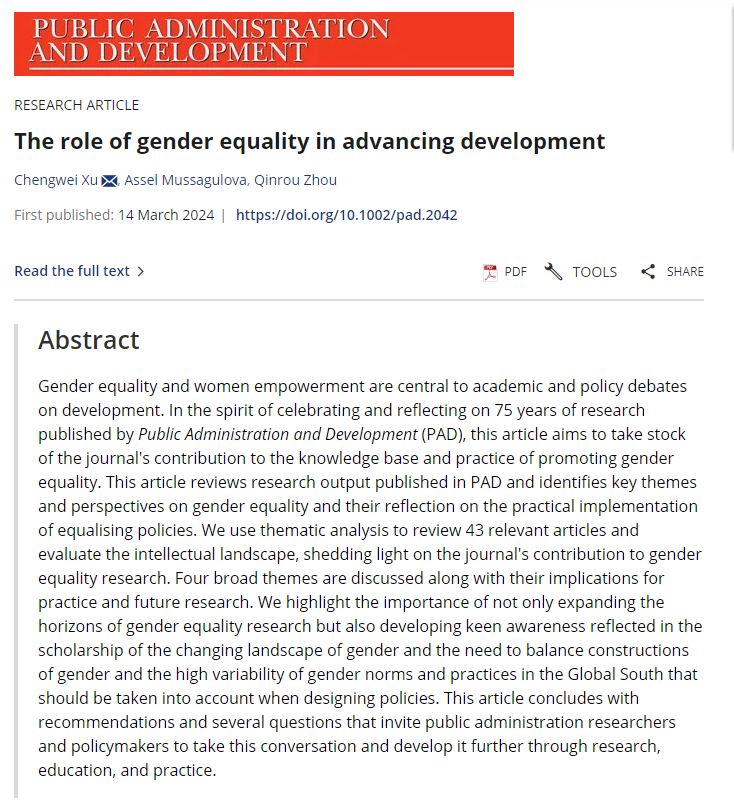 ♨ Early view! #PADis75 . @chengwei_xu , @amussagulova & @qinrou_z examine articles published in PAD through thematic analysis and highlight the need for balancing constructs of gender and variability of gender norms in global south for policymaking. . tinyurl.com/257faaww