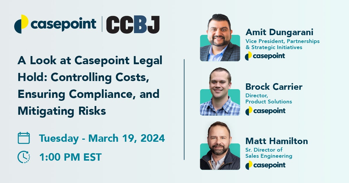 🚨 Don't miss out on tomorrow's #TechTuesday webinar w/ @CCBJournal! 🚨

Unlock valuable insights from experts Amit, Brock, and Matt on optimizing #LegalHolds & #DataCollection practices. Save your spot now! ⏳⬇️
hubs.la/Q02pCww40

#LegalTech #LegalOps  #TechStack
