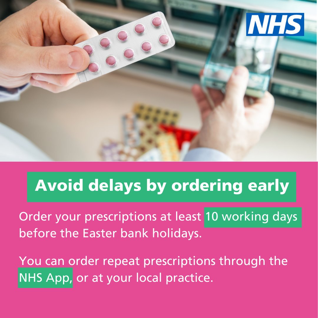 GP practices and pharmacies are busier than usual at this time of year. Please order your medicines 10 working days before you need to collect them. If you’ve not already done so, order your repeat prescriptions now to make sure you are covered over the Easter break.