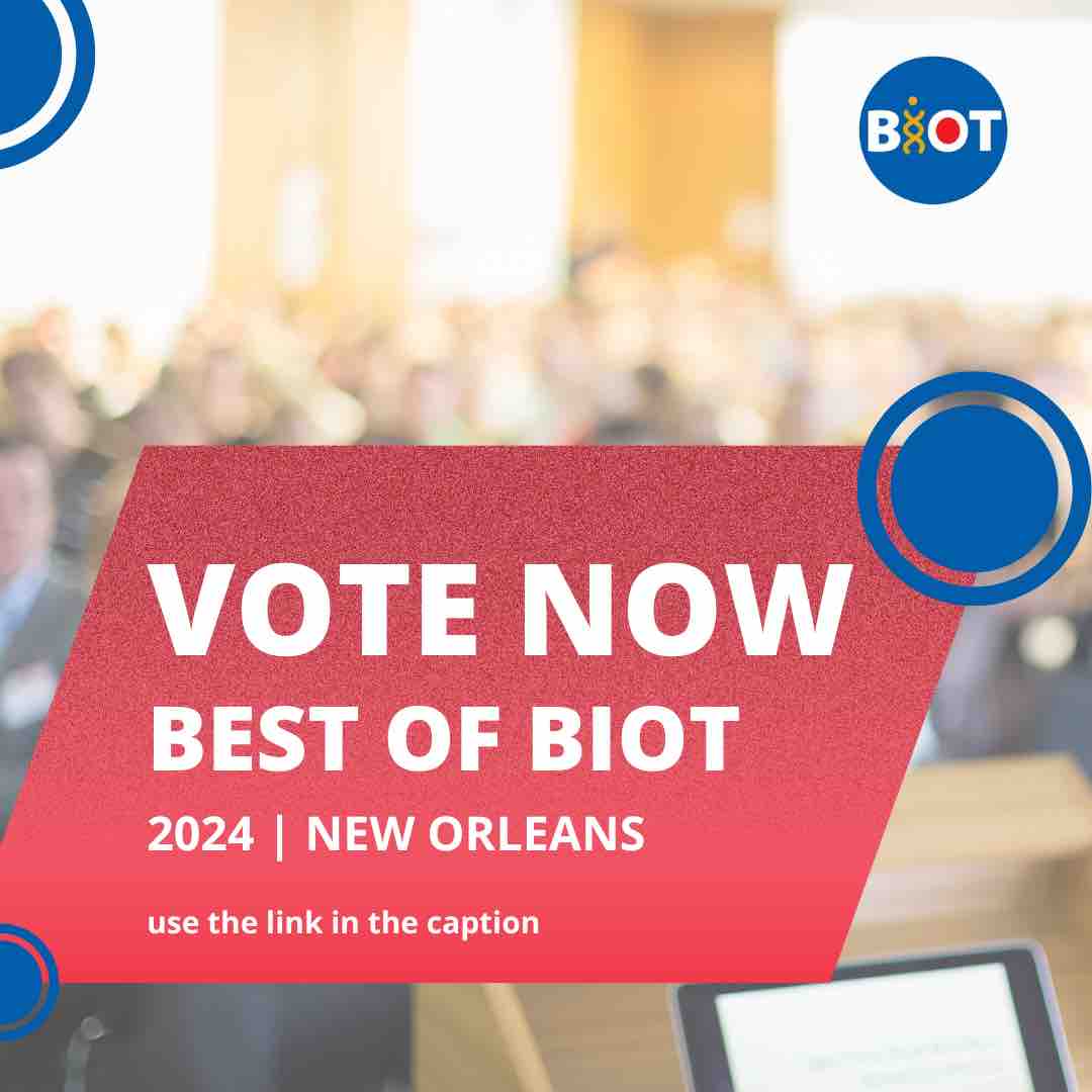 Are you tuning in to #BIOT2024?! Make sure you vote for your favorite talks through Best of BIOT for us to invite speakers for our monthly webinar series. You can submit multiple talks from any sessions you find engaging! Submit your favorites at ow.ly/Zwix50QV2Pv