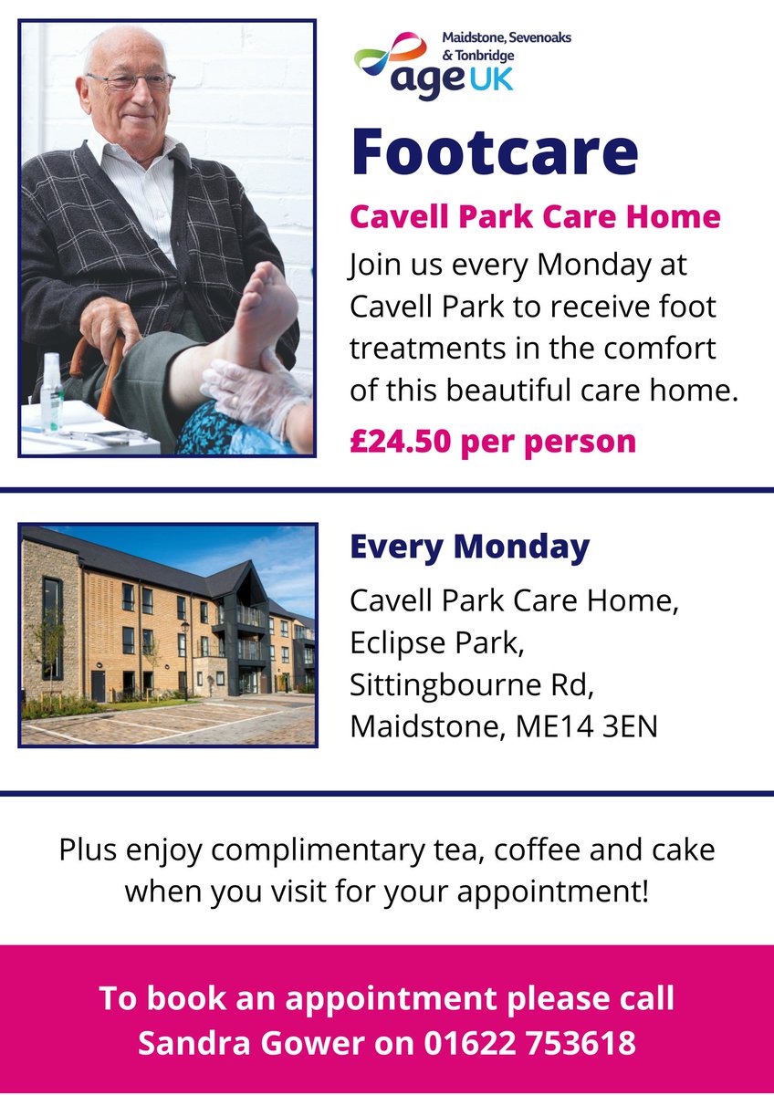 ageukmst's tweet image. Join us every Monday at Cavell Park Care Home, Maidstone to receive your foot care treatment in the comfort of this beautiful care home.

Plus, you can even enjoy a complimentary tea, coffee and cake!

To book an appointment for £24.50 pp please call Sandra Gower 01622 753618.