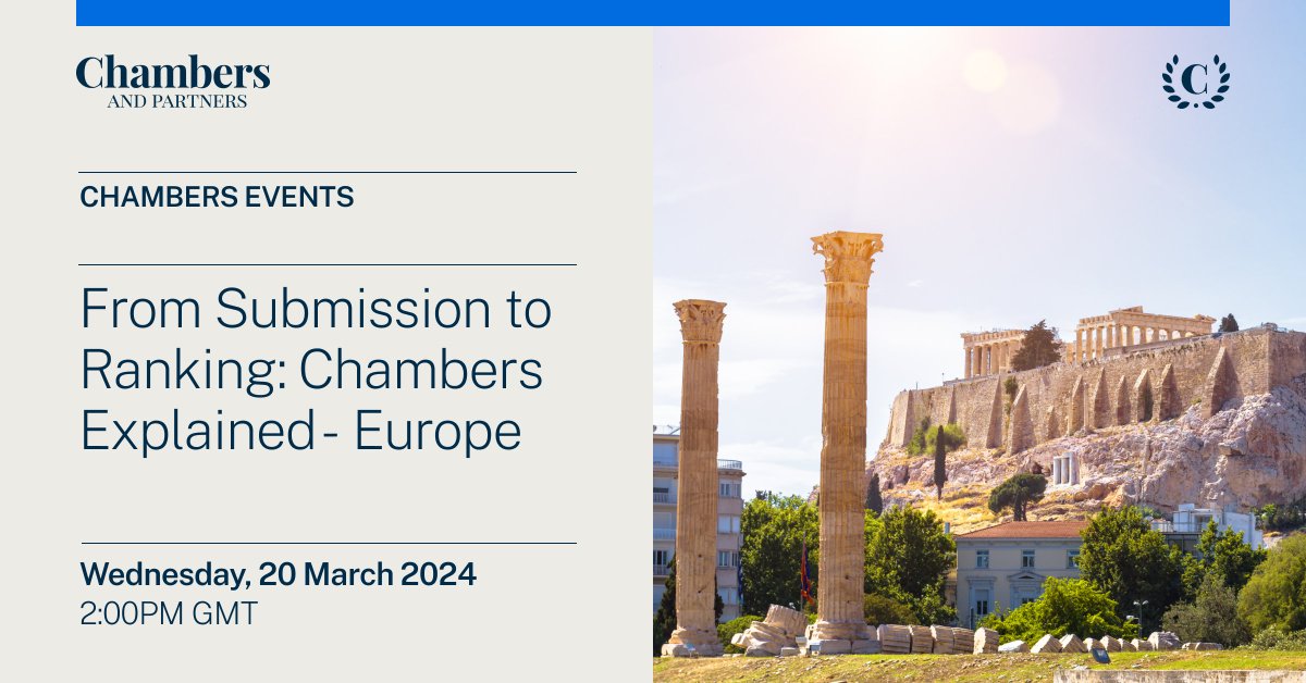 Join us on 20 March for the From Submission to Ranking: Chambers Explained – Europe webinar, where we look at how to present your work highlights, how to provide client referees and other tips to help your firm to get a ranking. Register here: d7ys.short.gy/HopXy3