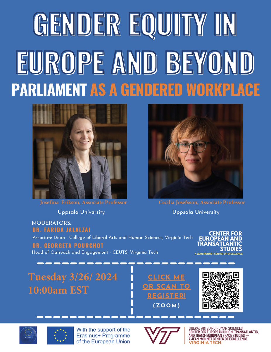 Join us on 3/26 at 10:00am (EST) for a webinar on 'Parliament as a Gendered Workplace' with Josefina Erikson and Cecilia Josefsson. Please spread the word! Register here: virginiatech.zoom.us/webinar/regist… @ceuttss @Josefinaerikson @DrJosefsson @UU_University