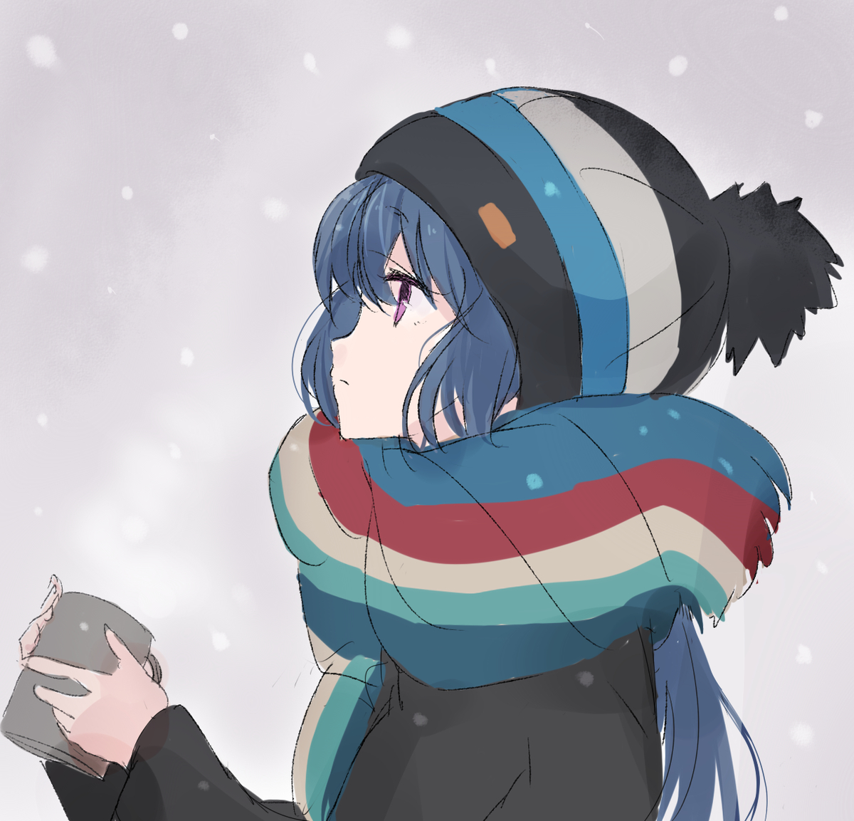 shima rin 1girl solo long hair long sleeves hat holding blue hair  illustration images