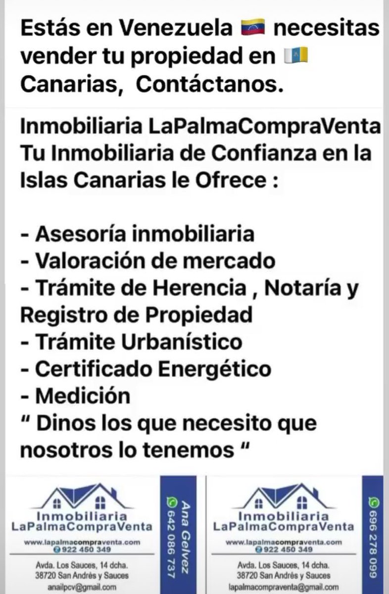 ServiceCanaria1's tweet image. Tu Inmobiliaria de Confianza LaPalmaCompraVenta en la Islas Canarias le Ofrece :
⁃Asesoría inmobiliaria 
⁃Valoración de mercado 
⁃Trámite de Herencia , Notaría y Registro de Propiedad 
⁃Trámite Urbanístico 
⁃Certificado Energético 
⁃Medición 
“Lo que necesitan”