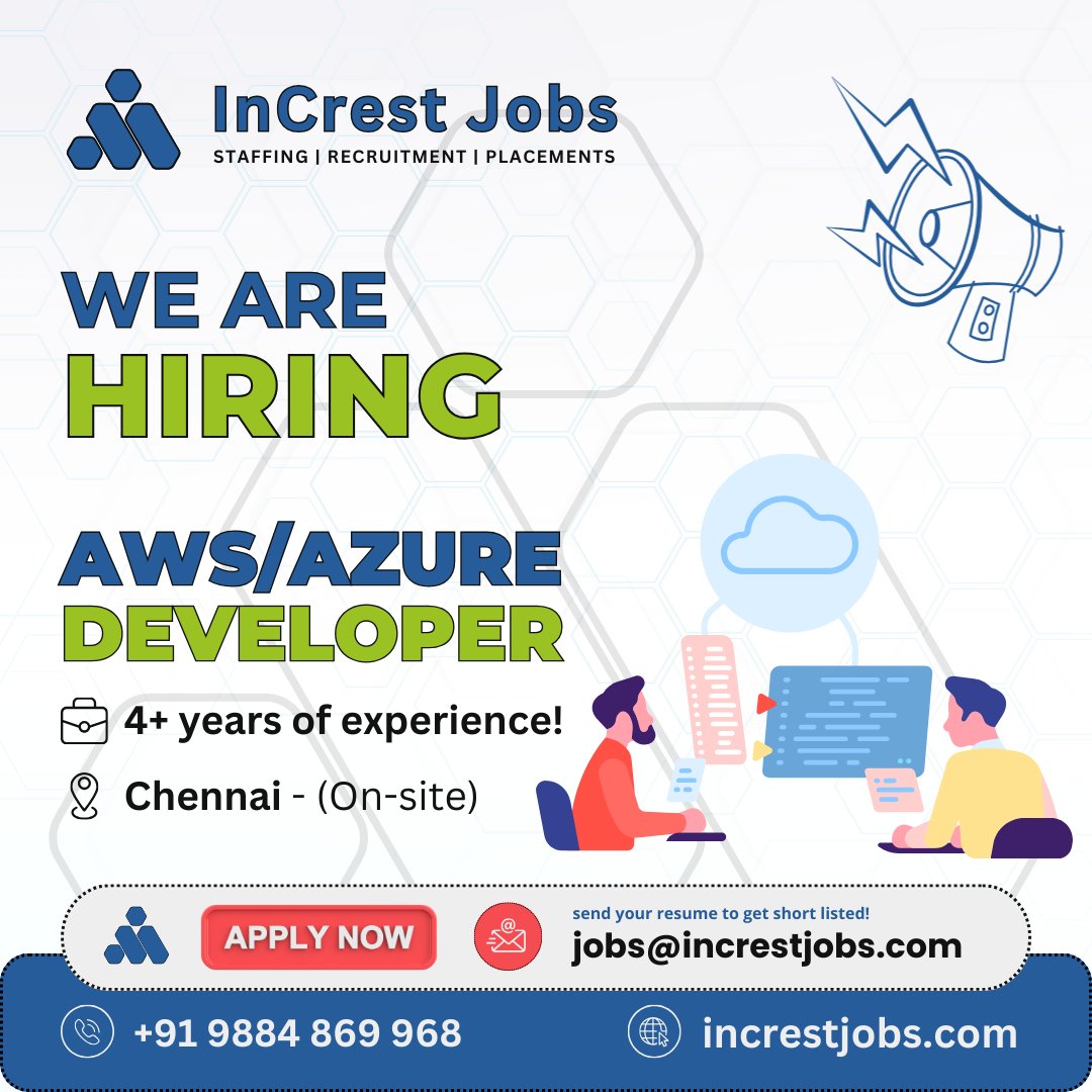 We are hiring an AWS/Azure Developer to harness the power of cloud platforms in our projects. send your resume to jobs@increstjobs.com #InCresting #InCrestJobs #AWSDeveloper #AzureDeveloper #CloudComputing #TechTalent #DeveloperJobs #HiringNow #ApplyToday
