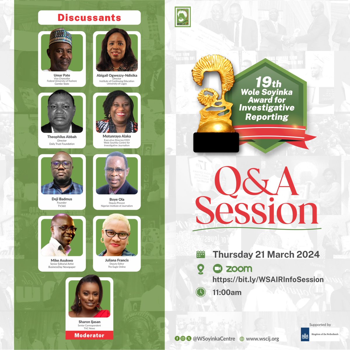 Join the @WSoyinkaCentre  for Investigative Journalism's virtual Q&A session on the 19th Wole Soyinka Award for Investigative Reporting.

🗓️ Thursday 21 March 2024

🕜 11am 

Register here 👉 bit.ly/WSAIRInfoSessi…

 #WSAIR2024
