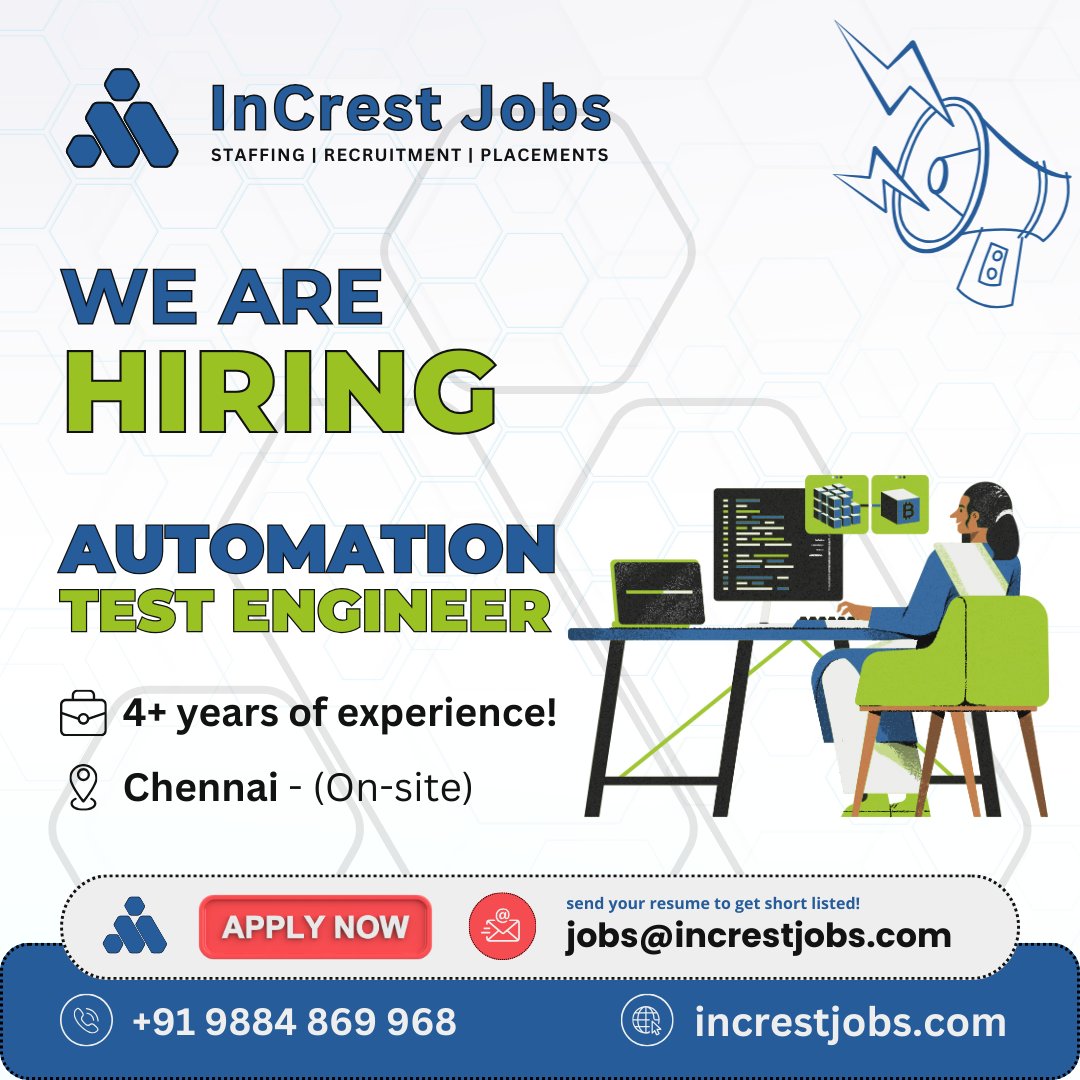 We are hiring an Automation Test Engineer to drive quality assurance and streamline our testing processes. send your resume to jobs@increstjobs.com #InCresting #InCrestJobs #AutomationTestEngineer #QualityAssurance #TechTalent #HiringNow #ApplyToday