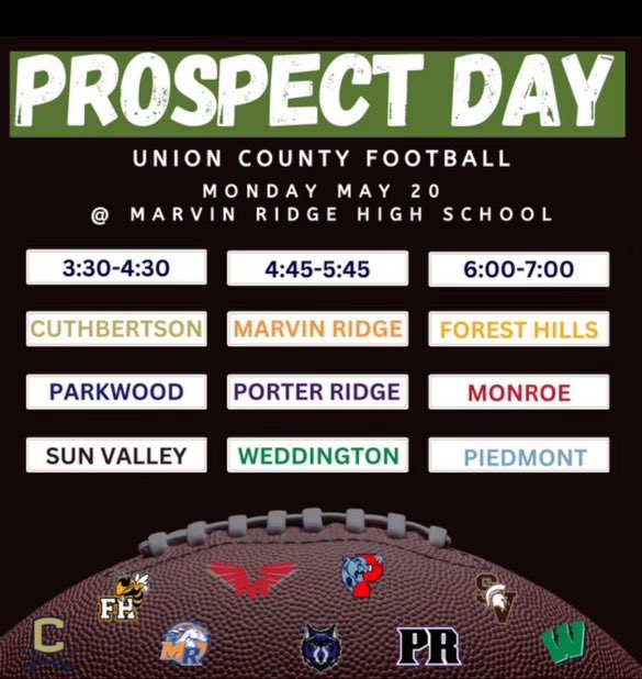 Coaches join us on Monday May 20th for our Annual Union County Football Prospect Day. Great opportunity to see the best in the County! Schedule and Times below.