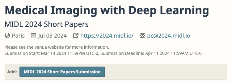 Do you have preliminary work in DL/med imag? Do you want to discuss recently published journal contributions to obtain feedback from conference attendees? Submit a short paper to @midl_conference 2024! Submission ➡ lnkd.in/dzAYe6Wp 📅 DL April 10 📄 Max nb of pages: 3