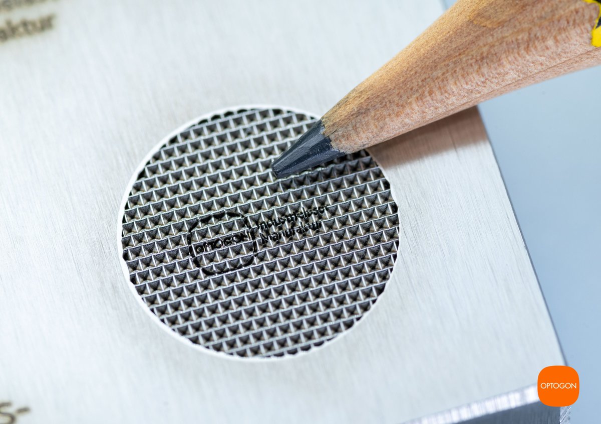 OptogonLaser's tweet photo. 🚀 Application Monday!

Precision 3D laser engraving in 1.2436 chrome steel! The engraving was smoothed using a laser cleaning parameter. A femtosecond laser was used. Pic: pencil tip for scale.

Wishing you a great week ahead! #CleverLaser #ApplicationMonday #Precision #Laser https://t.co/Ph0zPBMRqH