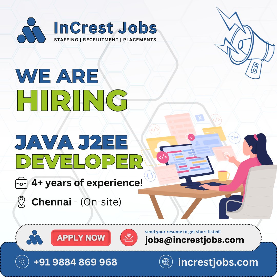 We are hiring a Java J2EE Developer to innovate and shape robust solutions in our dynamic team.

send your resume to jobs@increstjobs.com

#InCresting #InCrestJobs #JavaJ2EEDeveloper #TechTalent #DeveloperJobs #HiringNow #ApplyToday