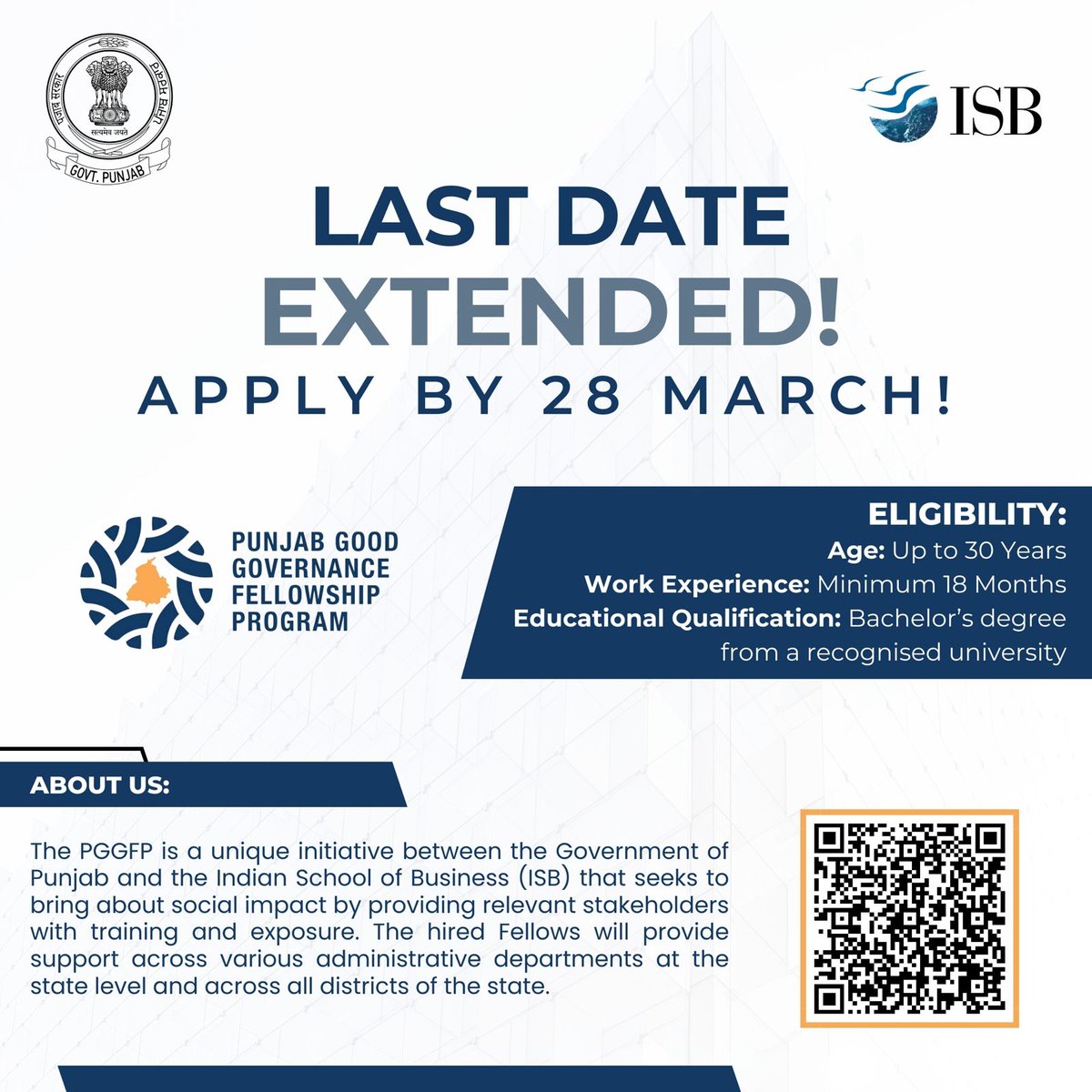 pggfprogramme's tweet photo. Exciting news for all the candidates who wish to join the Punjab Good Governance Fellowship Programme!

On popular demand, the last date for applying has been extended till March 28, 2024. Apply now if you want to make an impact in the governance and public policy sector!
#hiring https://t.co/Yi2nCfinKX