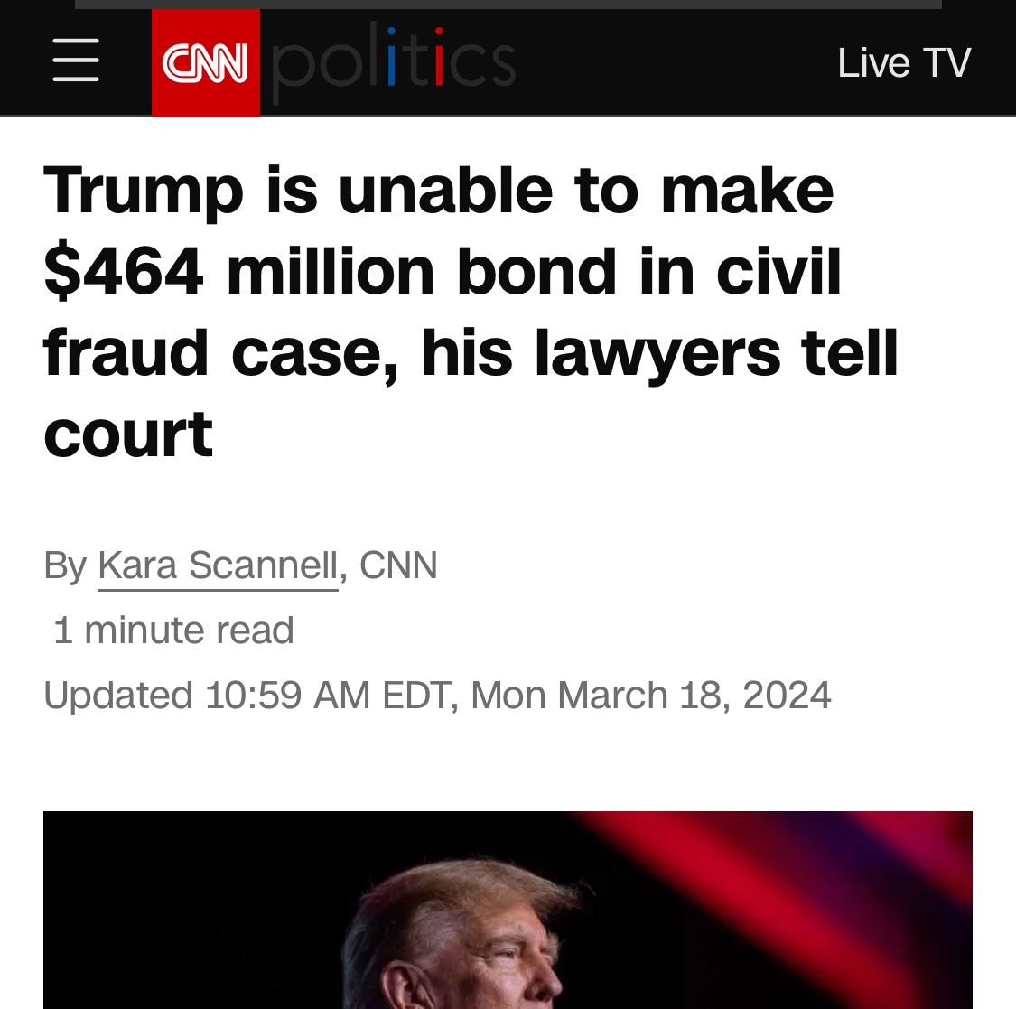 BREAKING: Let's just call this what it is: Trump doesn't have the money he's always claimed to have, and cannot pay his bills. cnn.com/2024/03/18/pol…