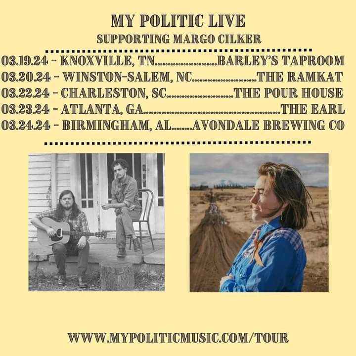 Kicking this run of shows with @margocilker off tomorrow in Knoxville! Real excited about all these! Hope to see you there!
mypoliticmusic.com/tour