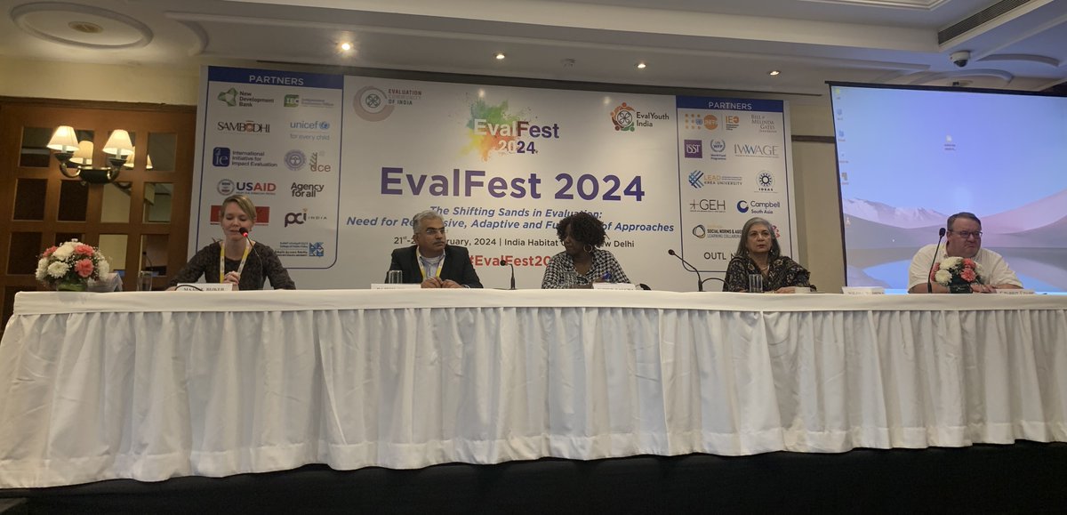 UNICEFEval's tweet photo. @UNICEFIndia organized a panel at #EvalFest India on ‘Building Responsive & Adaptive Evaluation Functions for the 2030 Child-Centered #SDGs’. Evaluators from #UNICEF, @WFP, @a_Infonomics, and @Pratham62702304 examined how #evaluation functions could prepare for a changing world. https://t.co/FE9s4o14Wi