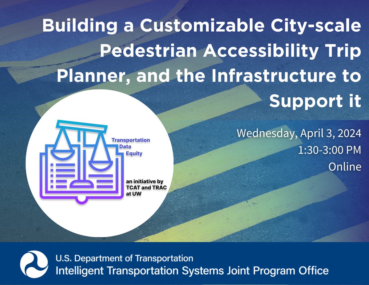 Register for the upcoming #ITS4US webinar presented by the University of Washington deployment team on 4/3 1:30PM ET. Join to learn about the “Building a Customizable City-scale Pedestrian Accessibility Trip Planner, and the Infrastructure to Support it.”

eventbrite.com/e/its4us-phase…