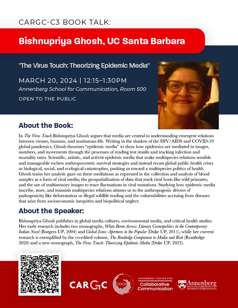 This Wednesday (3/20) at 12:15 pm: we look forward to seeing you at a book talk with Bishnupriya Ghosh for a conversation about her new monograph, 'The Virus Touch: Theorizing Epidemic Media'. Learn more & register at asc.upenn.edu/news-events/ev….