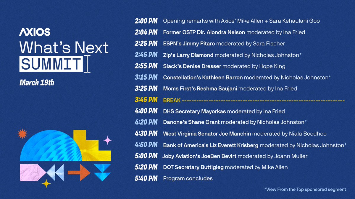 The #AxiosWNS agenda is here!  

Join us virtually for conversations that will explore what’s next in AI, the future of business, and work and why they matter.  

Watch LIVE tomorrow at 2pm ET: axios.com/whats-next-sum…

Speakers threaded below 👇