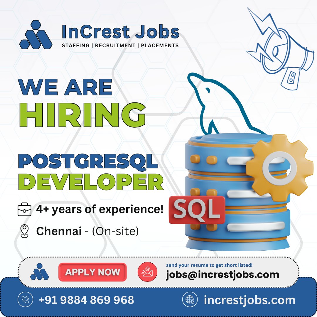 We are hiring a PostgreSQL Developer to shape robust database solutions and drive innovation in our projects. send your resume to jobs@increstjobs.com #InCresting #InCrestJobs #PostgreSQLDeveloper #TechTalent #DeveloperJobs #HiringNow #ApplyToday
