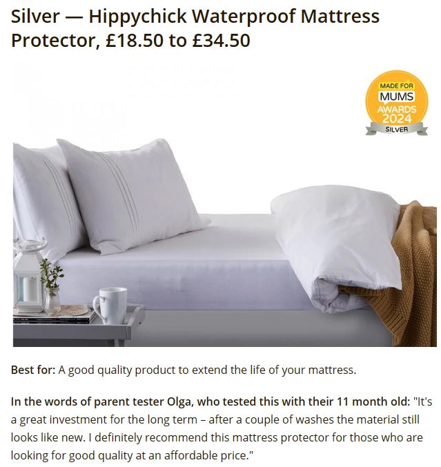 A silver for our bed protector range in the Made for Mums Awards? We'll take that 😍😍Thank you Olga for reviewing and awarding us this amazing accolade. We are so grateful 🙏🙏🙏🙏🙏#helpfulhippychick @MadeForMums #madeformumsawards2024