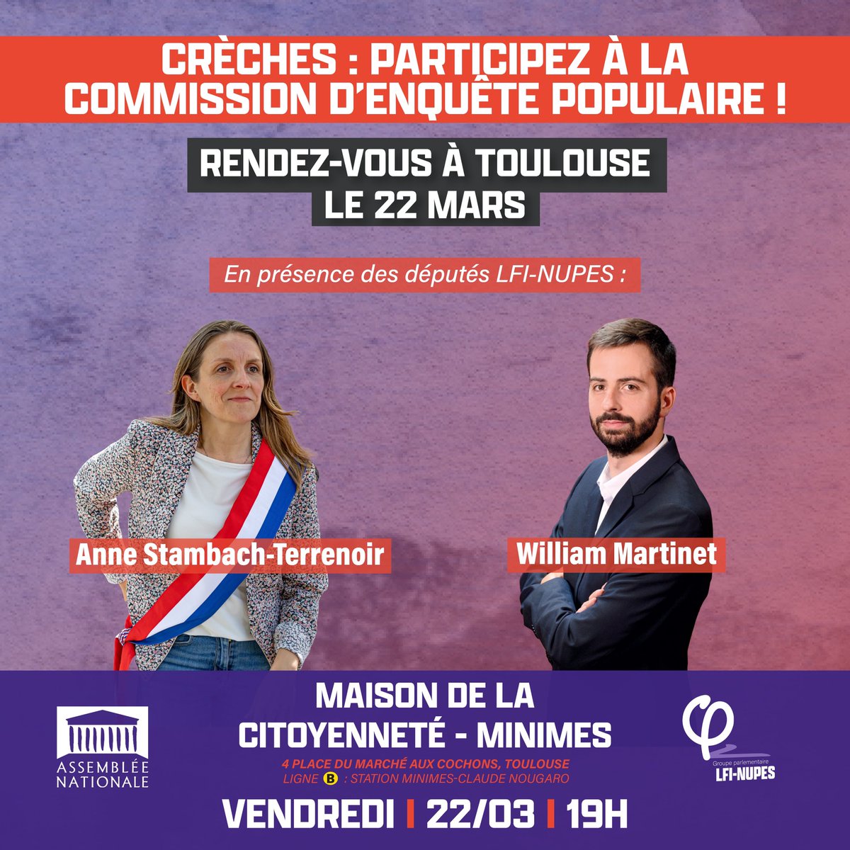 WilliamMartinet's tweet photo. 🗓️ Le vendredi 22 mars à Toulouse : venez témoigner de la réalité du terrain au sein de notre commission d'enquête populaire sur les crèches !

Julie Marty Pichon, autrice de "J'ai mal à ma crèche : ce que vous devez savoir sur l'accueil des bébés en France" sera également présente !