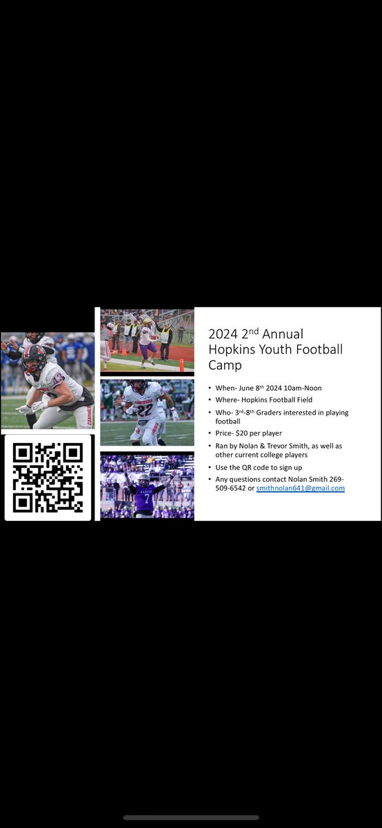 Excited to share that we will be having our 2nd annual youth camp in Hopkins this summer! We had a great turnout last year and are looking forward to building on that this year. To signup, use the QR code on the picture, that will take you to a Google doc to sign your player up!