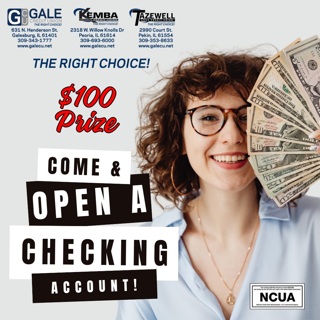GaleCreditUnion's tweet photo. Open a Totally FREE Checking Account Today and be entered to Win a $100!!!!!
*open an account at any of our convenient branches.
#galecreditunion #TheRightChoice #CheckingAccount https://t.co/h3ttXVWT6m