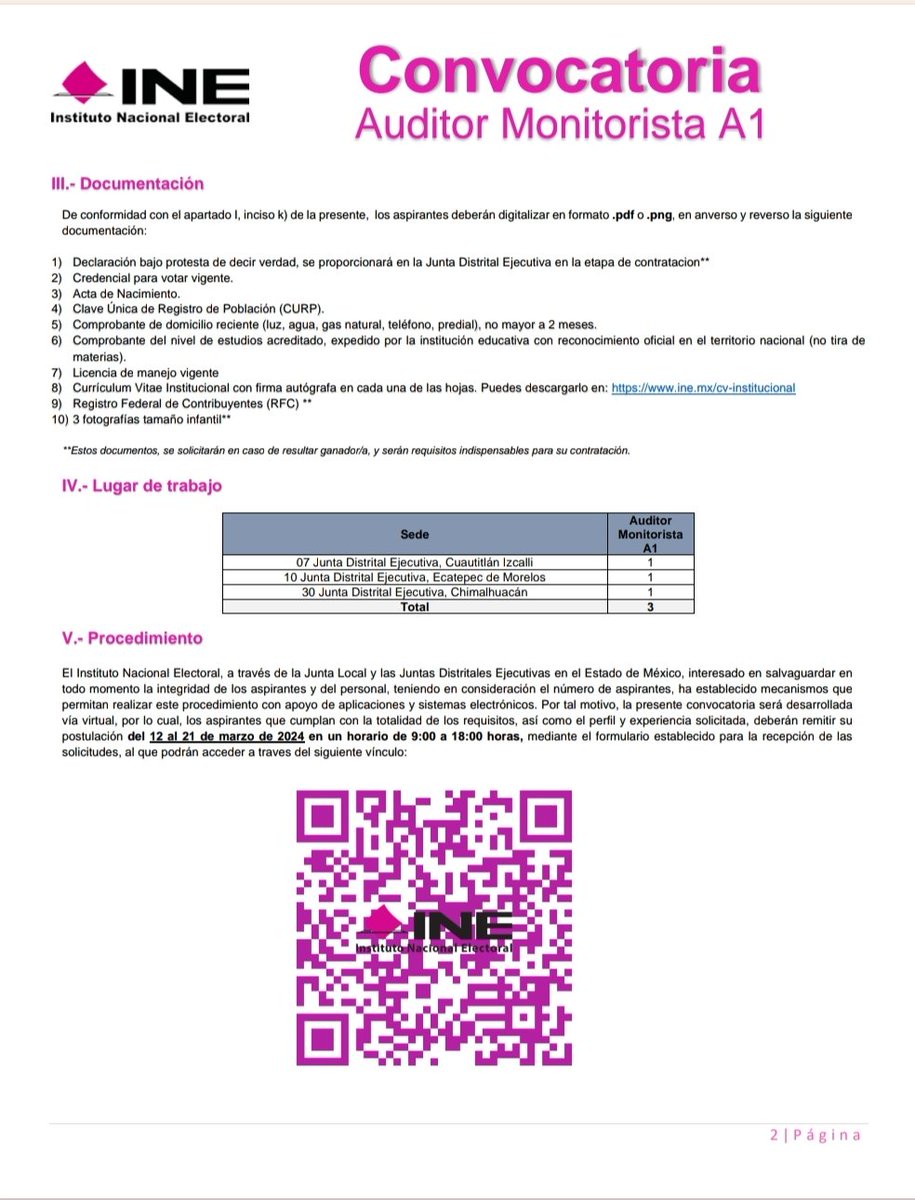 INEedomex's tweet photo. CONVOCATORIA 📢

Para laborar en las Juntas Distritales Ejecutivas del INE Estado de México  como: "Auditor Monitorista A1". 

✅ Vacantes: 3
🗺️ Lugar de trabajo: Cuautitlán Izcalli, Ecatepec y Chimalhuacán.

Regístrate del 12 al 21 de marzo de 9:00 a 18:00 hrs en el Código QR 👇 https://t.co/NLQLgP9ylJ