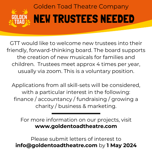 TheatreToad's tweet photo. We are seeking new trustees to join our brilliant board. We have many exciting projects in the pipeline and are looking for trustees from all backgrounds and experience to support bringing these to life. https://t.co/DSA65XNtOF Please share and RT! https://t.co/1QdNgcJBoH