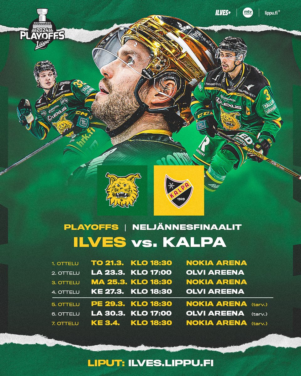ilveshockey's tweet photo. PLAYOFFS | Neljännesfinaalit

🎟️ Osta liput: https://t.co/jJdrmvUHaw

Ilveksen kotiottelut:
 • To 21.3. klo 18:30 | 1. ottelu
 • Ma 25.3. klo 18:30 | 3. ottelu
 • Pe 29.3. klo 18:30 | 5. ottelu (tarvittaessa)
 • Ke 3.4. klo 18:30 | 7. ottelu (tarvittaessa)

#Ilves #Liiga https://t.co/8UrmjgjVDg