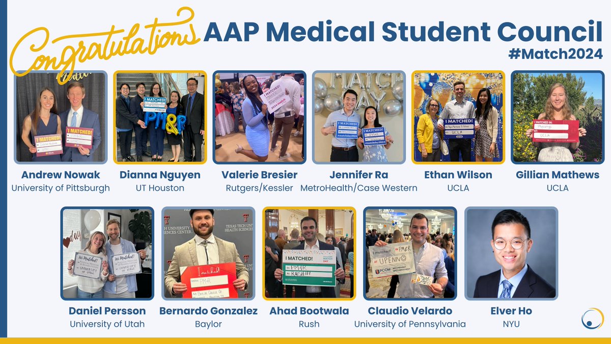 From AAP MSC, CONGRATS to everyone who matched into the best specialty #Physiatry 💪 Shoutout to our M4s who've done amazing work on the council this year. We're so proud & can't wait to see how you all keep growing PM&R as physiatrists 🥹 Here's where they’re headed! #Match2024