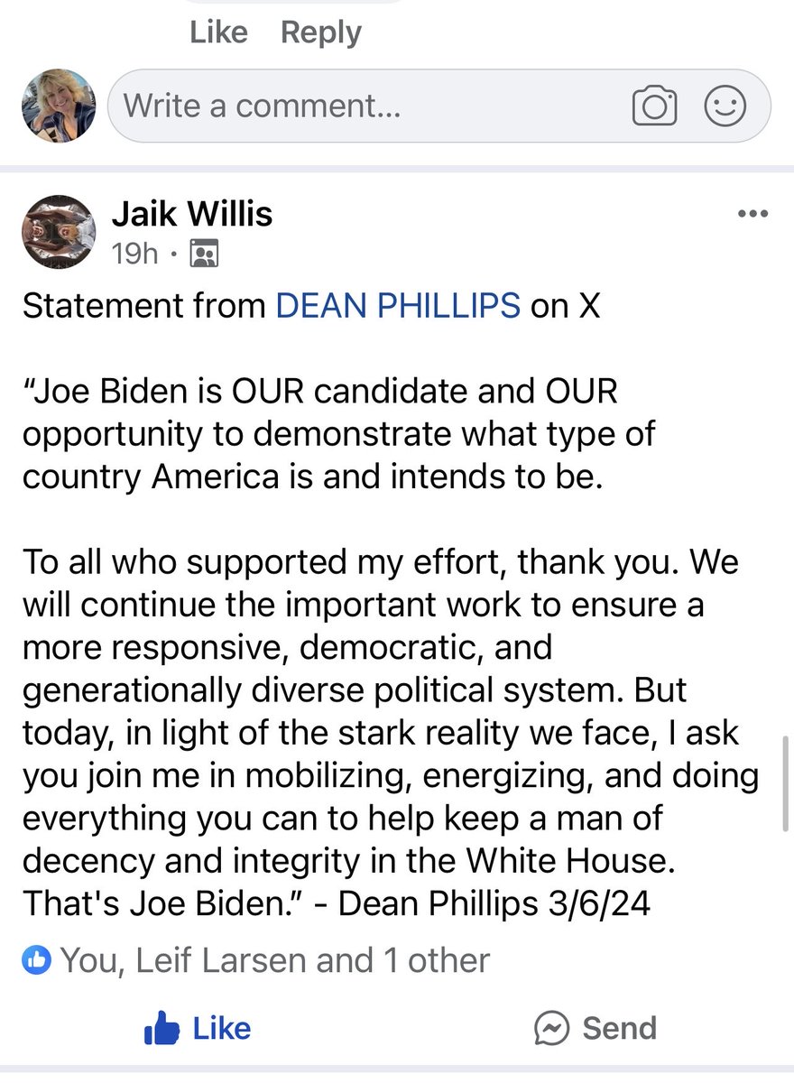 See post below.. I agree we need to unite behind Dean Phillips and support Biden. 🇺🇸💙👍