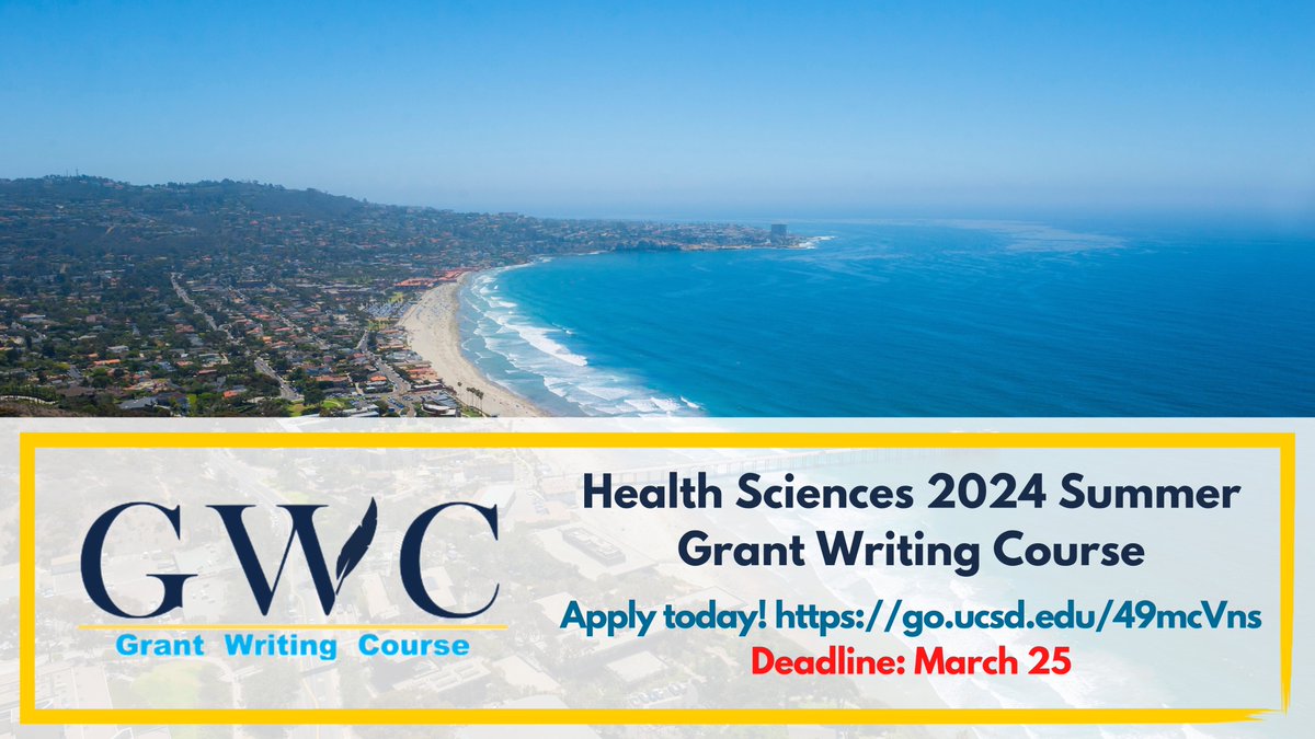 Deadline next Monday, March 25! Apply today to our summer Grant Writing Course to enhance your NIH grantsmanship. Space is limited! #GrantWriting Learn more at gwc.ucsd.edu Apply at go.ucsd.edu/49mcVns @joann_trejo @UCSDMedSchool @UCSanDiegoSPH @UCSDPharmacy