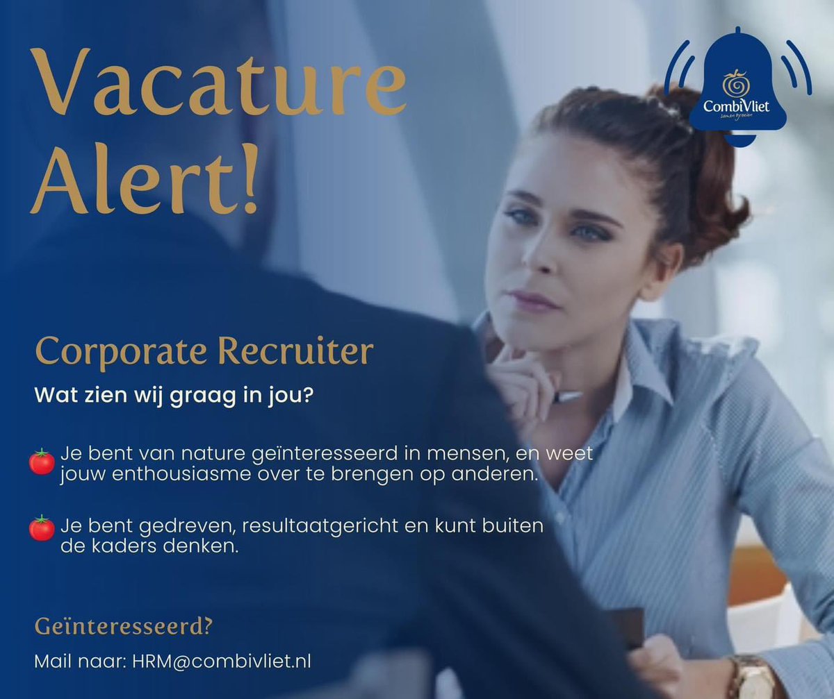 Heb jij een passie voor mensen en recruitment? Word Corporate Recruiter bij CombiVliet! 🍅

Jouw missie is de juiste mensen vinden voor onze groeiende organisatie en matchen met hun ideale functie.

👉 Check dan de vacature voor meer info! combivliet.nl/nl/werk-carrie…