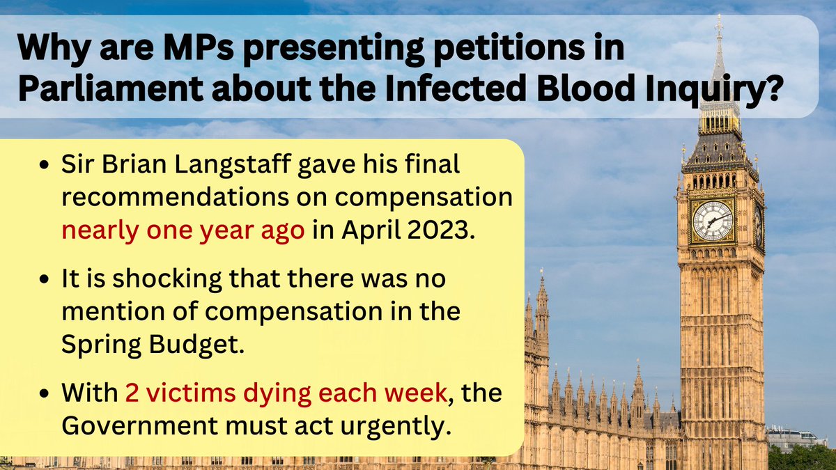 Thank you to @CatSmithMP who will present a petition on the Infected Blood Scandal today. These petitions highlight the strength of feeling among MPs and our constituents about the injustice of delays and the urgency of action.