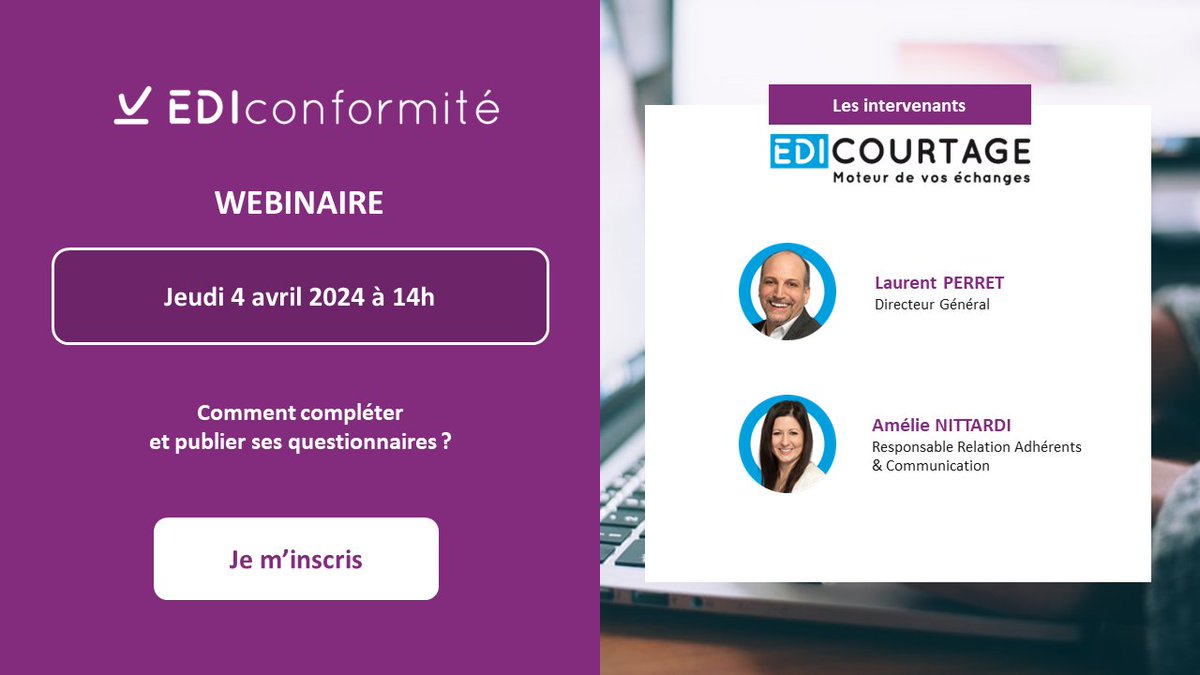 📢 Webinaire le 04-04 - Comment compléter et publier ses questionnaires sur #EDIconformité ?

🎯 Notre objectif est de vous donner toutes les clés pour vous permettre de publier avant le 15-07.
Inscrivez-vous 👉 ow.ly/rNLB50QVJvP

#assurance #courtage
