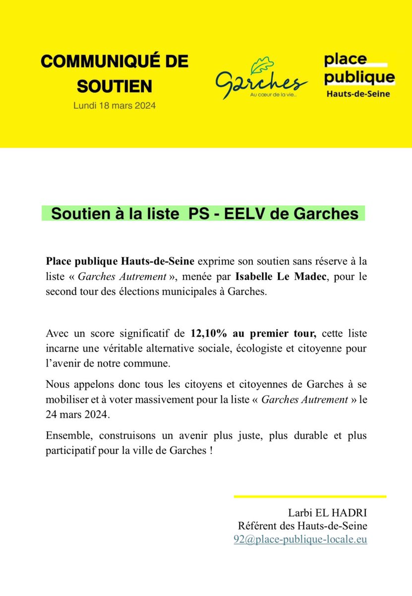 🟡 𝗖𝗼𝗺𝗺𝘂𝗻𝗶𝗾𝘂𝗲 𝗱𝗲 𝗽𝗿𝗲𝘀𝘀𝗲 🔴

Place publique Hauts-de-Seine soutien la liste « Garches autrement » menée par le @PSfederation92 et @EELV92 !