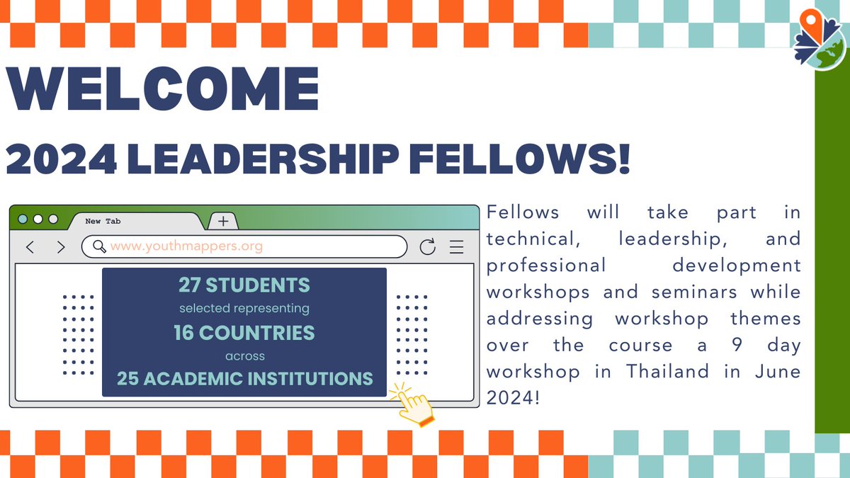 We are thrilled to announce our 2024 #YouthMappers Leadership Fellows representing 25 institutions of #HigherEducation across 16 countries! This cohort of undergrad &amp; graduate students will convene for a 10 day workshop in Thailand later this year! Thanks to all who applied!