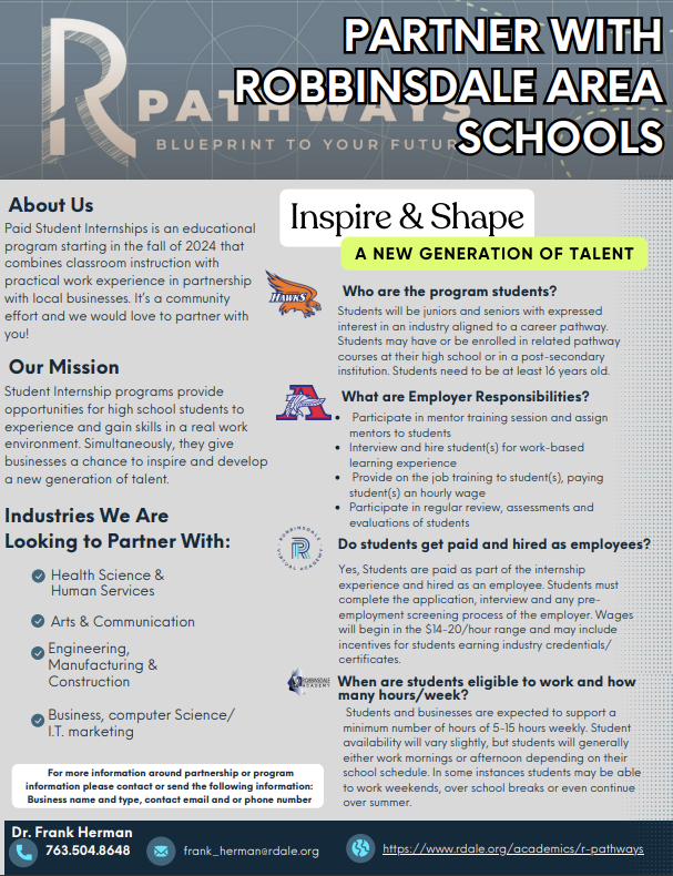 Excited to announce a new Internship program to our Robbinsdale students. If you know of a business interested in collaborating with ISD 281, contact Frank_Herman@rdale.org. Areas: Health Science, Manufacturing, Automotive, I.T./Computer Science, Business, Culinary <a href="/ISD281/">Robbinsdale Area Schools</a>