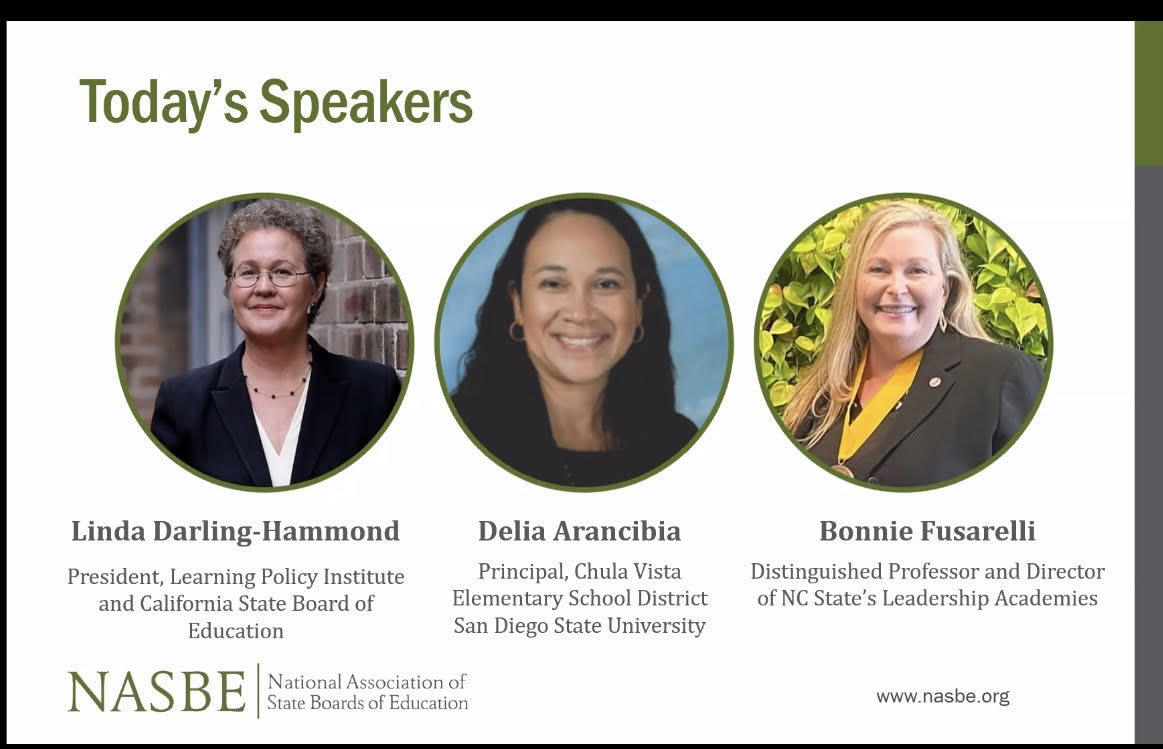 Dr. Bonnie Fusarelli (Distinguished Professor and NELA Director) co-presented with Dr. Linda Darling-Hammond and Delia Arancibia (Principal from California) at a NASBE Webinar on States’ Role in Developing Effective Principals. Well done, @bfusarelli!
