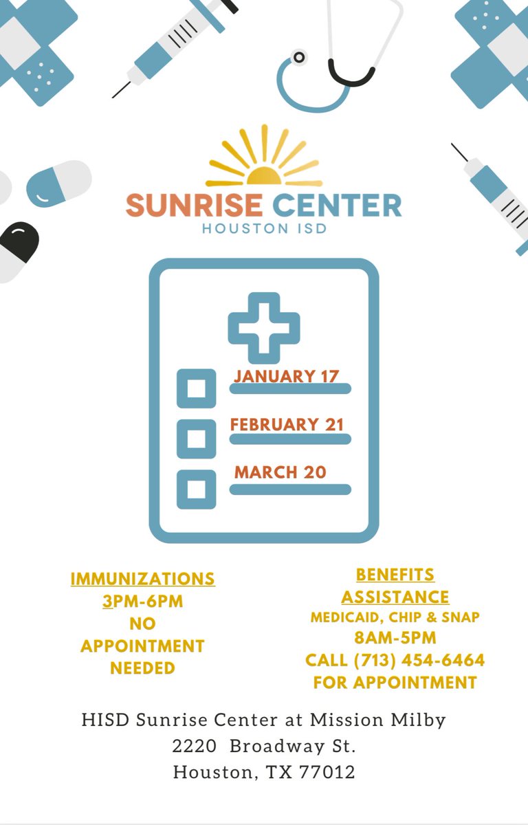 Milby Wraparound Specialist (@wraparoundmilby) on Twitter photo Sunrise Center HISD will be providing FREE immunizations and benefits assistance this Wednesday March 20th! 
HISD Sunrise Center estará administrando vacunas gratis y tendrá asistencia de beneficios este miércoles 20 de marzo! 
📍2220 Broadway St. Houston TX, 77012 Sunrise Center HISD will be providing FREE immunizations and benefits assistance this Wednesday March 20th! 
HISD Sunrise Center estará administrando vacunas gratis y tendrá asistencia de beneficios este miércoles 20 de marzo! 
📍2220 Broadway St. Houston TX, 77012