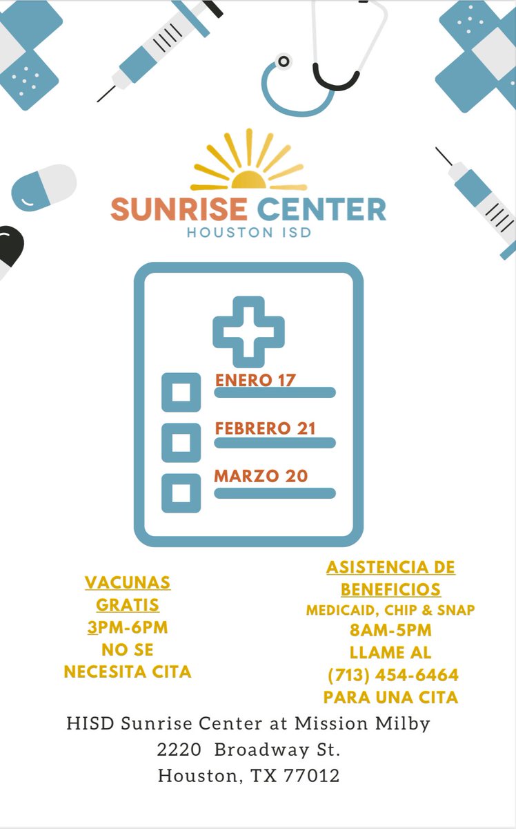 WraparoundMilby's tweet photo. Sunrise Center HISD will be providing FREE immunizations and benefits assistance this Wednesday March 20th! 

HISD Sunrise Center estará administrando vacunas gratis y tendrá asistencia de beneficios este miércoles 20 de marzo! 

📍2220 Broadway St. Houston TX, 77012 https://t.co/SqLhBB7mfQ
