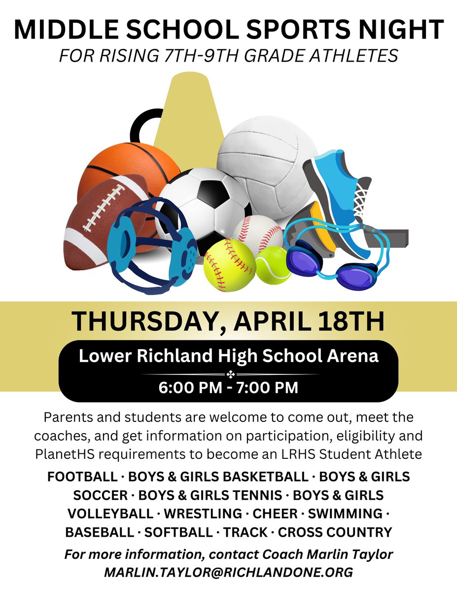 LRHathletics's tweet photo. Hopkins &amp; Southeast Middle: All rising 7th, 8th &amp; 9th grade students interested in playing sports at LR, join us for Middle School Sports Night on April 18th from 6-7 in the LR Arena! @SMScorpions @hopkinsmssports @lrhsdhornets https://t.co/yTojT2B38k