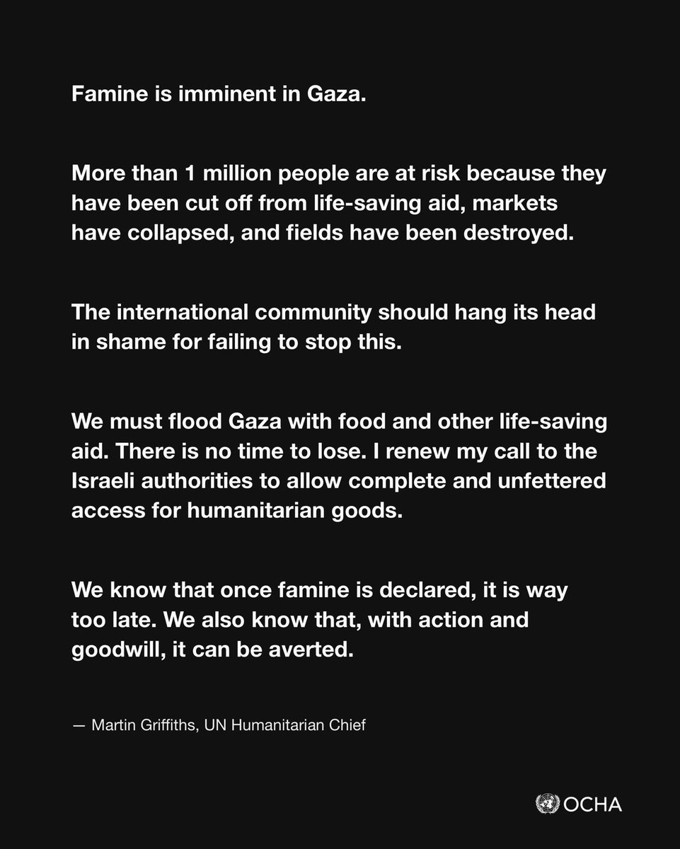 Famine is imminent in Gaza.

The international community should hang its head in shame for failing to stop it.