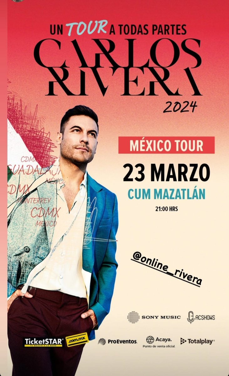 la496's tweet photo. .💫Estás en Marzo en #Mazatlán y quieres vivir una noche SUPER y no sabes donde?
📝 Apunta 👇 @_CarlosRivera actuará en el #CumMazatlan el 23 de Marzo
🎟️ Boletos 👇 https://t.co/bifVKOfLW9… y puntos de venta oficial Paza Acaya Mazatlán
@WestWoodEntt
#PROEventos
@Online_RiveraP https://t.co/9hUOyyAJaf