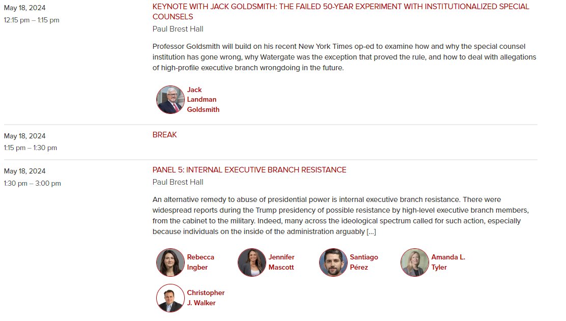 This @StanfordLaw conference on presidential power in May is going to be awesome! On the last panel, @becingber, @jennmascott, Amanda Tyler & Santiago Perez will be discussing bureaucratic resistance , after Jack Goldsmith's keynote on special counsels. conferences.law.stanford.edu/presidents-bew…